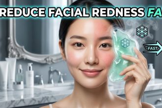 A person gently applying a soothing green-tinted moisturizer to their cheek to neutralize facial redness and irritation."