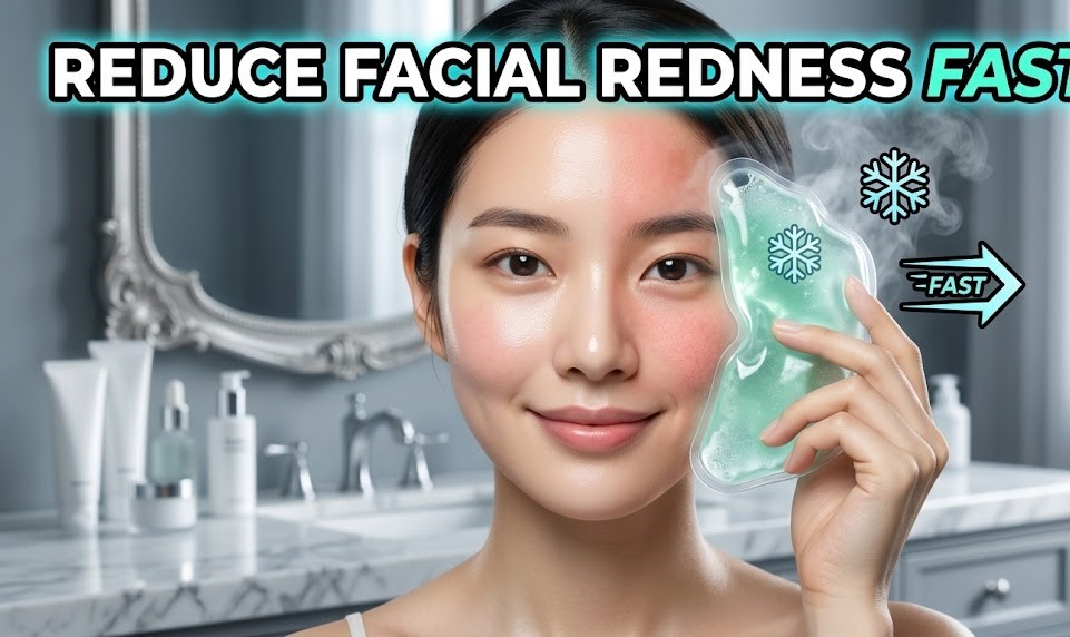 A person gently applying a soothing green-tinted moisturizer to their cheek to neutralize facial redness and irritation."