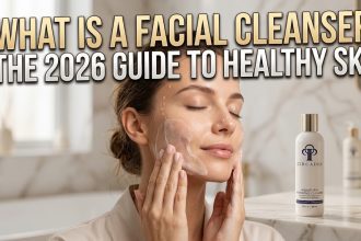 A collection of different facial cleansers, including a clear gel, a milky cream, and a bottle of micellar water, arranged on a clean white bathroom shelf.