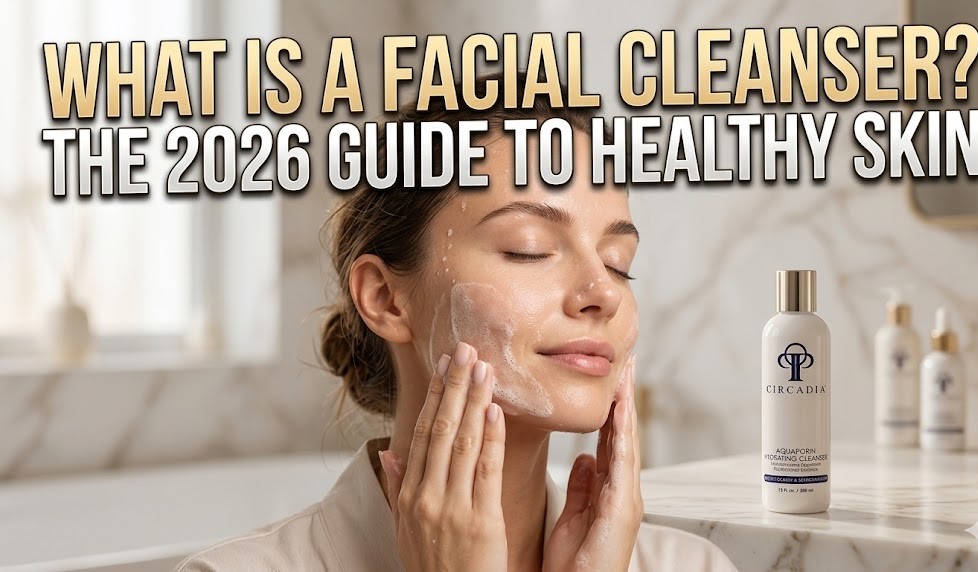 A collection of different facial cleansers, including a clear gel, a milky cream, and a bottle of micellar water, arranged on a clean white bathroom shelf.