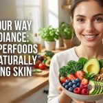 A flat-lay photo of colorful superfoods including salmon