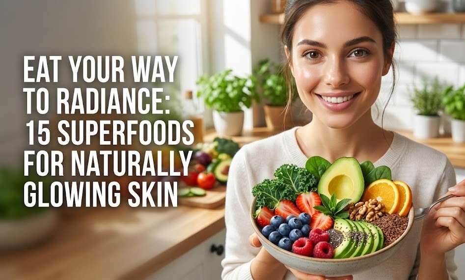 A flat-lay photo of colorful superfoods including salmon