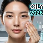 A person with balanced, healthy-looking skin applying a lightweight foaming cleanser in a brightly lit, modern bathroom.