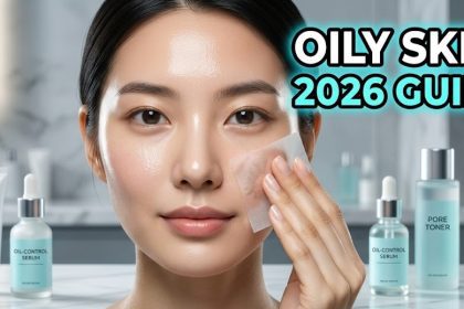 A person with balanced, healthy-looking skin applying a lightweight foaming cleanser in a brightly lit, modern bathroom.