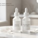 A minimalist flat lay featuring a violet Azelaic Acid tube and a clear Niacinamide serum bottle on a clean, white surface.