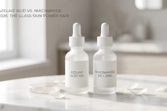 A minimalist flat lay featuring a violet Azelaic Acid tube and a clear Niacinamide serum bottle on a clean, white surface.