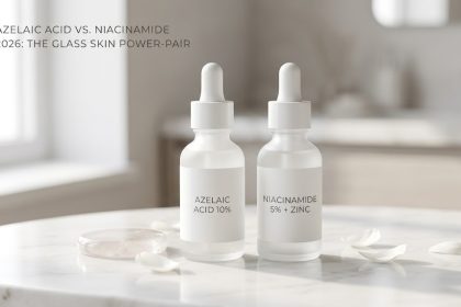 A minimalist flat lay featuring a violet Azelaic Acid tube and a clear Niacinamide serum bottle on a clean, white surface.