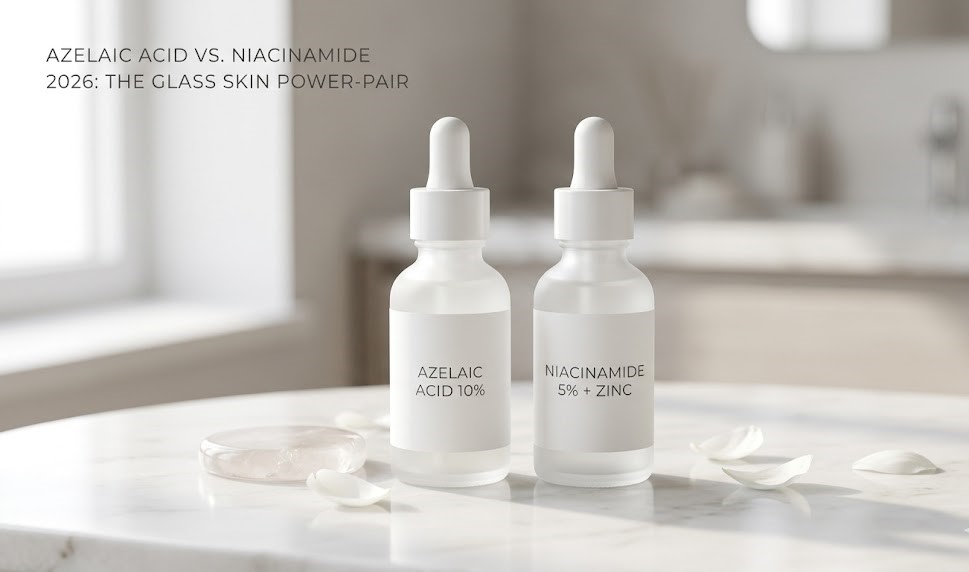 A minimalist flat lay featuring a violet Azelaic Acid tube and a clear Niacinamide serum bottle on a clean, white surface.