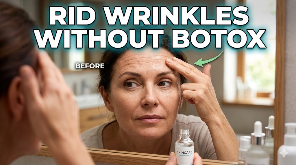 A close-up of a person applying a smooth, hydrating serum to their forehead, focusing on well-aging