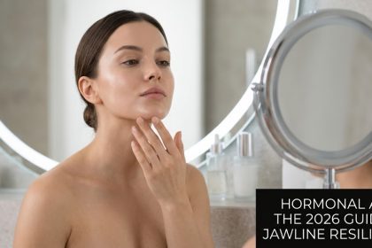 A woman observing her jawline in a mirror, representing the patterns of hormonal acne.