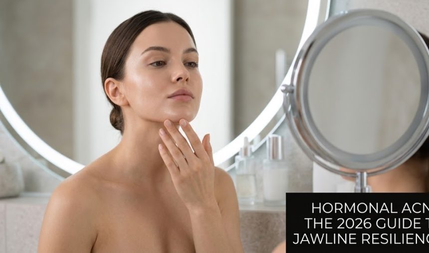 A woman observing her jawline in a mirror, representing the patterns of hormonal acne.