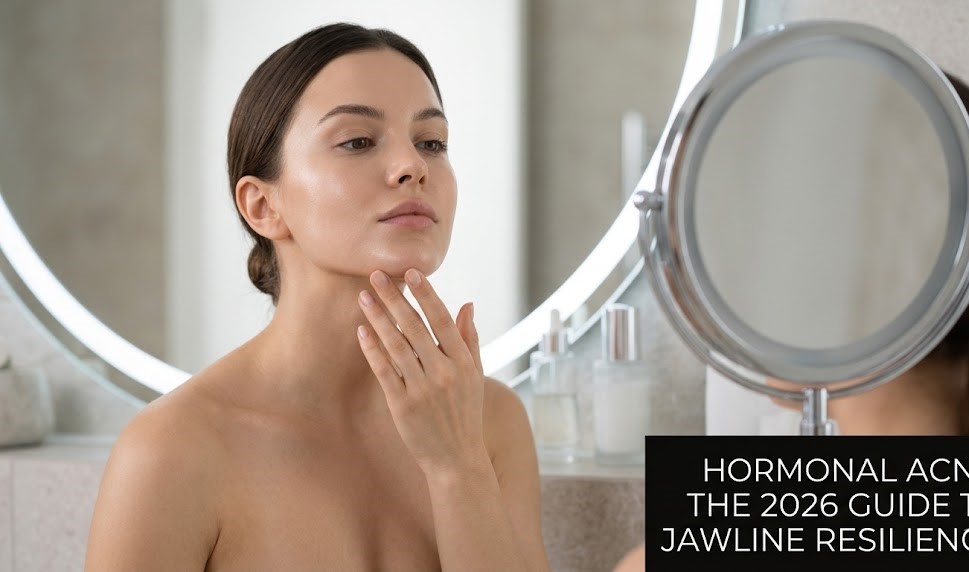 A woman observing her jawline in a mirror, representing the patterns of hormonal acne.