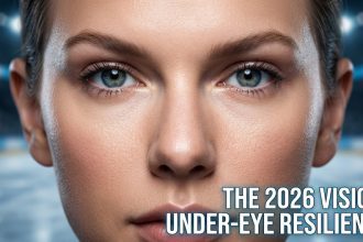 A professional flat lay of various high-end eye cream tubes and jars on a clean white surface with fresh green leaves