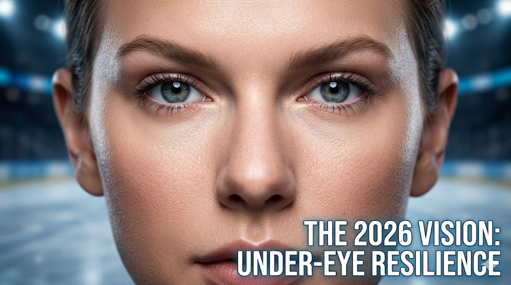 A professional flat lay of various high-end eye cream tubes and jars on a clean white surface with fresh green leaves