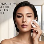 "Five different bottles of micellar water arranged on a marble surface with cotton pads