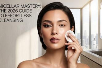 "Five different bottles of micellar water arranged on a marble surface with cotton pads