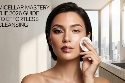 "Five different bottles of micellar water arranged on a marble surface with cotton pads