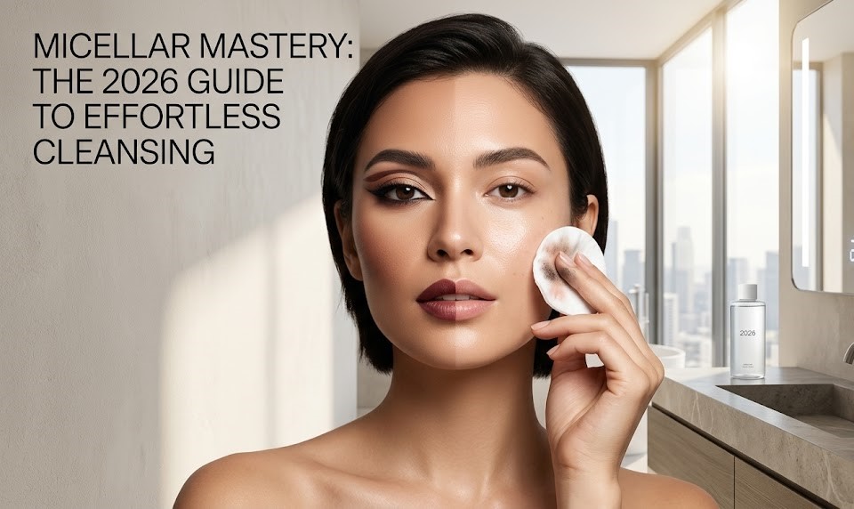 "Five different bottles of micellar water arranged on a marble surface with cotton pads