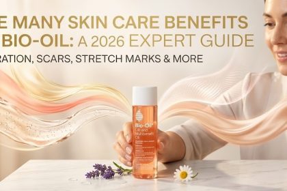 A bottle of Bio-Oil sitting on a white surface next to fresh lavender sprigs and chamomile flowers, illustrating its botanical ingredients.