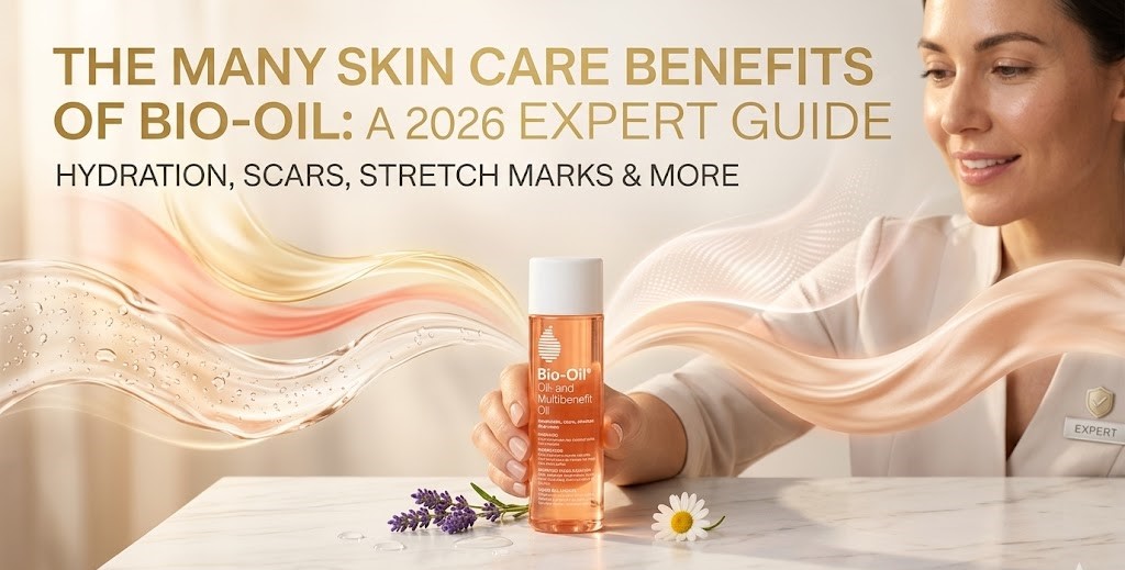 A bottle of Bio-Oil sitting on a white surface next to fresh lavender sprigs and chamomile flowers, illustrating its botanical ingredients.