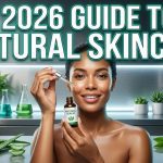 A flat lay of natural skincare ingredients including aloe vera leaves, jojoba oil in a glass dropper, and oats in a wooden bowl.