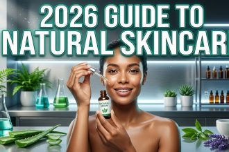 A flat lay of natural skincare ingredients including aloe vera leaves, jojoba oil in a glass dropper, and oats in a wooden bowl.