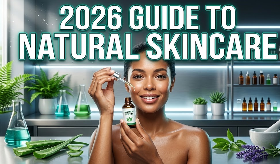 A flat lay of natural skincare ingredients including aloe vera leaves, jojoba oil in a glass dropper, and oats in a wooden bowl.