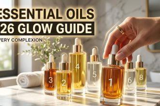 A curated collection of glass amber bottles containing different facial oils like jojoba, rosehip, and argan on a marble vanity