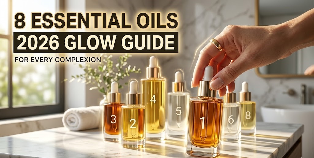 A curated collection of glass amber bottles containing different facial oils like jojoba, rosehip, and argan on a marble vanity