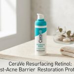 A digital rendering of the CeraVe Resurfacing Retinol Serum bottle showing its key ingredients: Encapsulated Retinol, Ceramides, and Licorice Root.