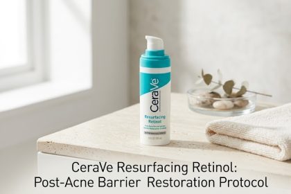 A digital rendering of the CeraVe Resurfacing Retinol Serum bottle showing its key ingredients: Encapsulated Retinol, Ceramides, and Licorice Root.