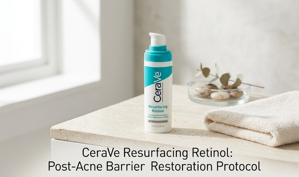 A digital rendering of the CeraVe Resurfacing Retinol Serum bottle showing its key ingredients: Encapsulated Retinol, Ceramides, and Licorice Root.
