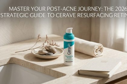 A digital schematic of the CeraVe Resurfacing Retinol bottle alongside its key brightening and barrier-repairing ingredients.