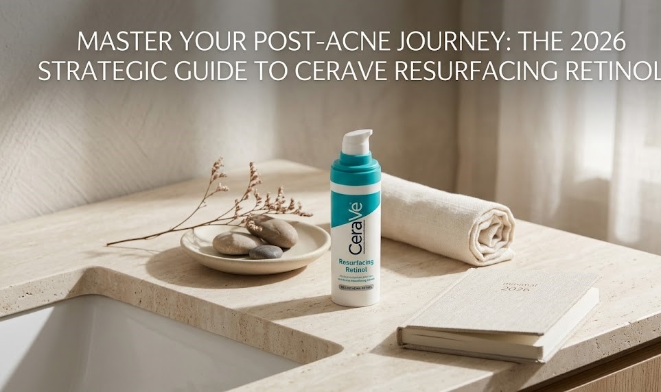 A digital schematic of the CeraVe Resurfacing Retinol bottle alongside its key brightening and barrier-repairing ingredients.
