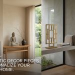 A digital flat-lay of a white silicone panda light, a golden reindeer sculpture, and a brass peacock candle holder on a minimalist marble backdrop.