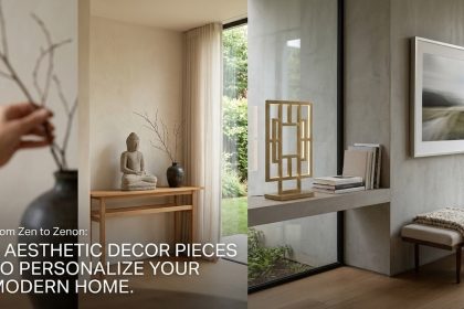 A digital flat-lay of a white silicone panda light, a golden reindeer sculpture, and a brass peacock candle holder on a minimalist marble backdrop.