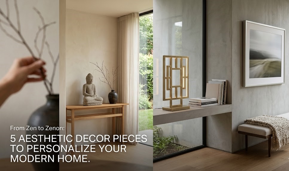 A digital flat-lay of a white silicone panda light, a golden reindeer sculpture, and a brass peacock candle holder on a minimalist marble backdrop.
